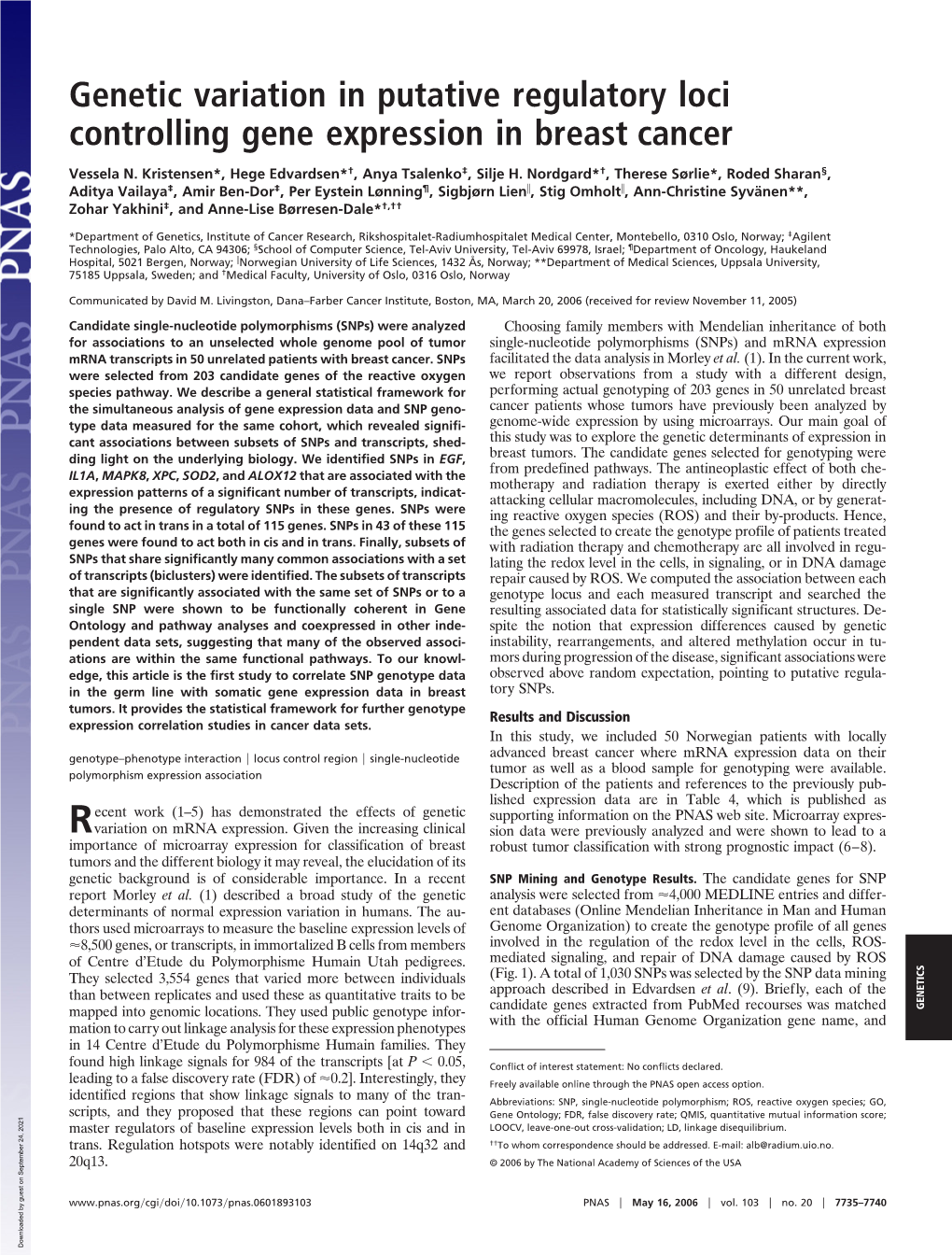 Genetic Variation in Putative Regulatory Loci Controlling Gene Expression in Breast Cancer