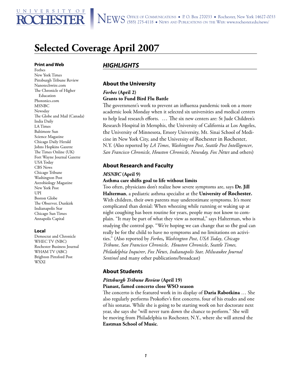 Selected Coverage April 2007