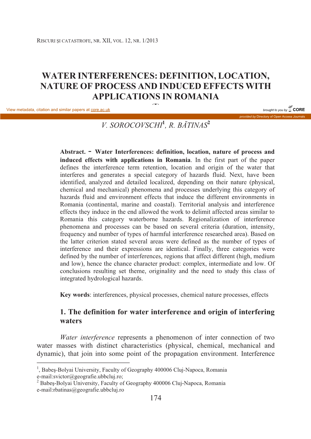 Water Interferences: Definition, Location, Nature of Process and Induced Effects with Applications in Romania