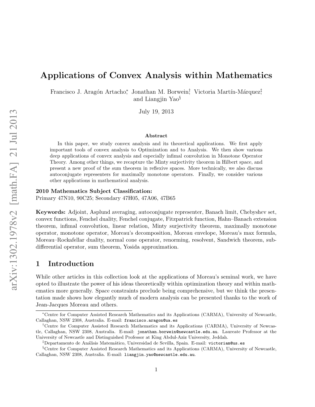 Applications of Convex Analysis Within Mathematics