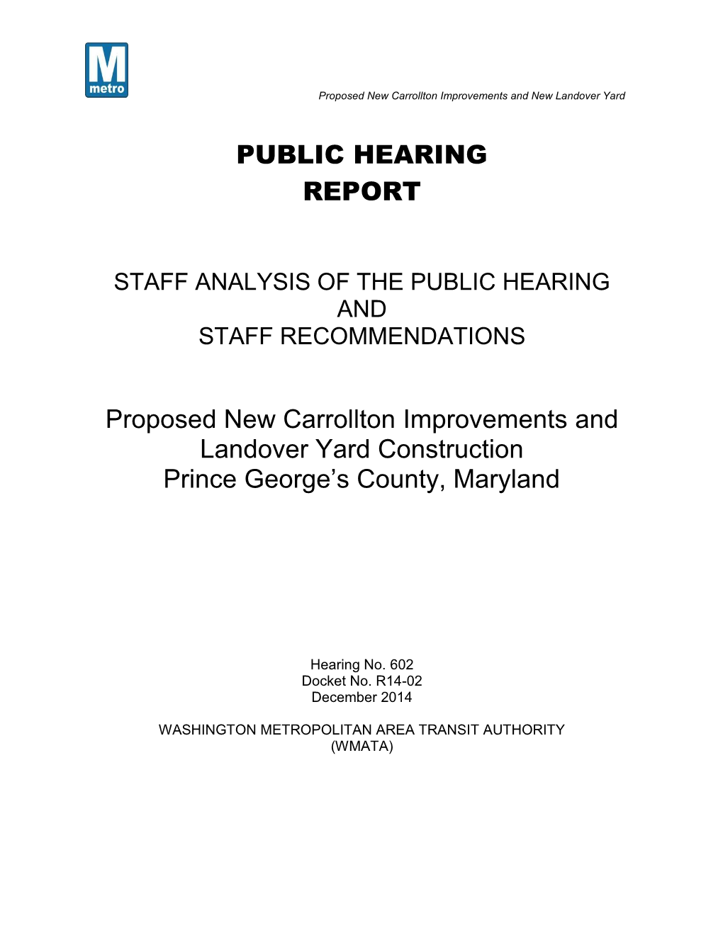 PUBLIC HEARING REPORT Proposed New Carrollton