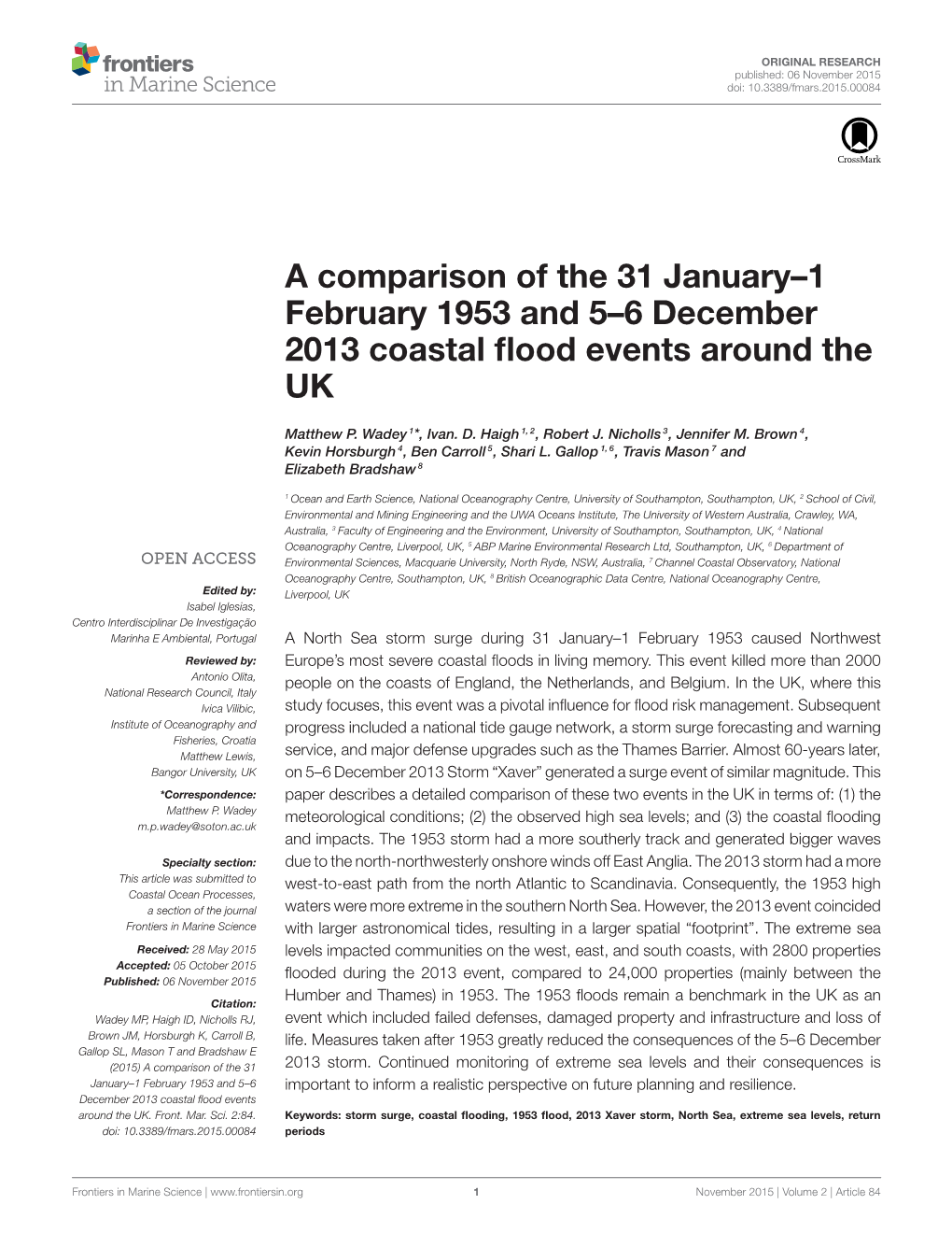 A Comparison of the 31 January–1 February 1953 and 5–6 December 2013 Coastal ﬂood Events Around the UK