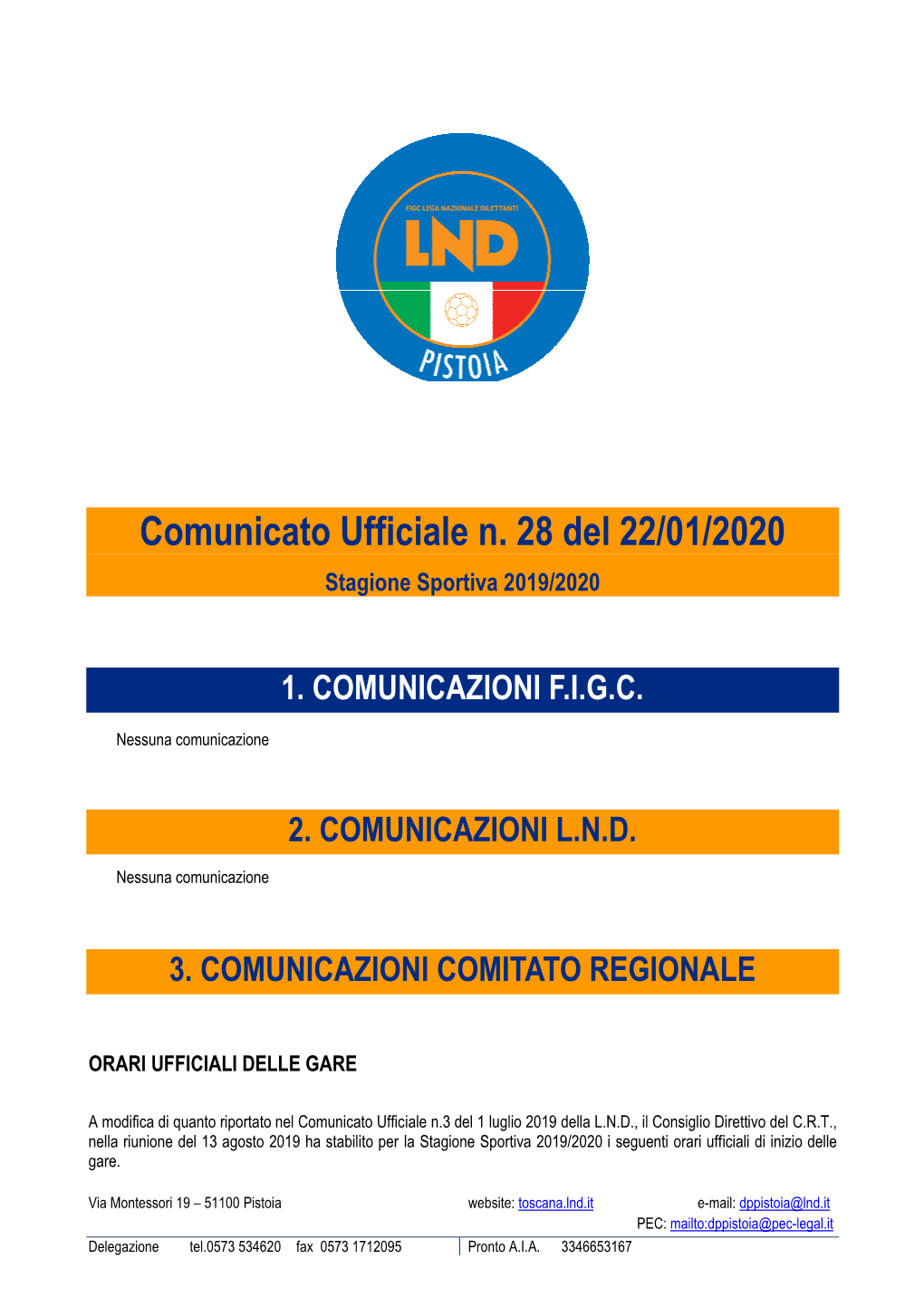 Comunicato Ufficiale N. 28 Del 22/01/2020