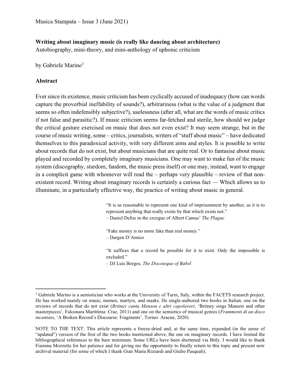 Writing About Imaginary Music (Is Really Like Dancing About Architecture) Autobiography, Mini-Theory, and Mini-Anthology of Uphonic Criticism by Gabriele Marino1