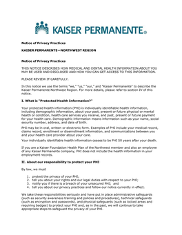 Notice of Privacy Practices KAISER PERMANENTE—NORTHWEST REGION Notice of Privacy Practices THIS NOTICE DESCRIBES HOW MEDICAL A