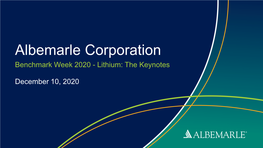 Albemarle Corporation Benchmark Week 2020 - Lithium: the Keynotes