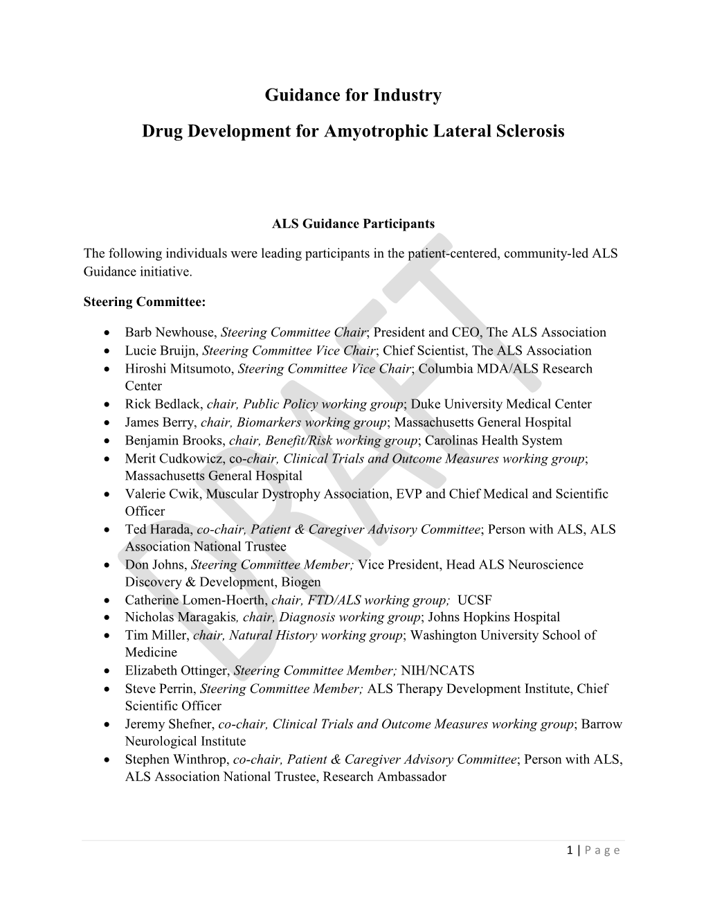 Guidance for Industry Drug Development for Amyotrophic Lateral Sclerosis