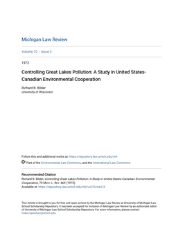 Controlling Great Lakes Pollution: a Study in United States- Canadian Environmental Cooperation