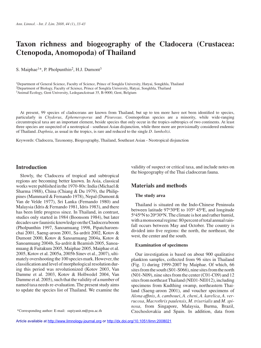 Taxon Richness and Biogeography of the Cladocera (Crustacea: Ctenopoda, Anomopoda) of Thailand