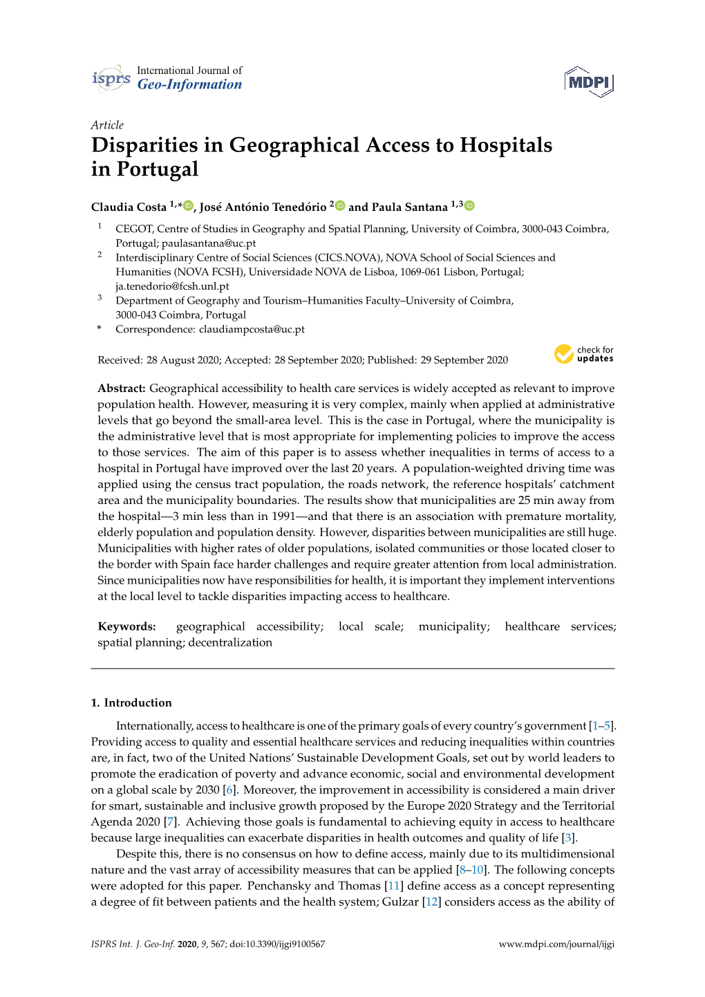 Disparities in Geographical Access to Hospitals in Portugal