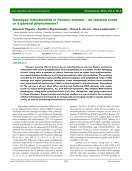 Damaged Mitochondria in Fanconi Anemia – an Isolated Event Or a General Phenomenon?