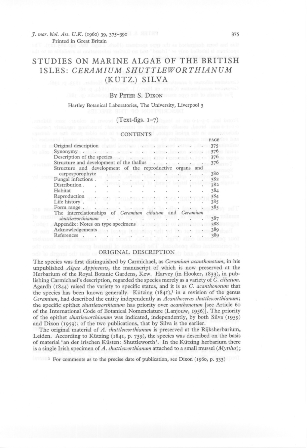 STUDIES on MARINE ALGAE of the BRITISH ISLES: CERAMIUM SHUTTLEWORTHIANUM (K Tjtz.) SILVA
