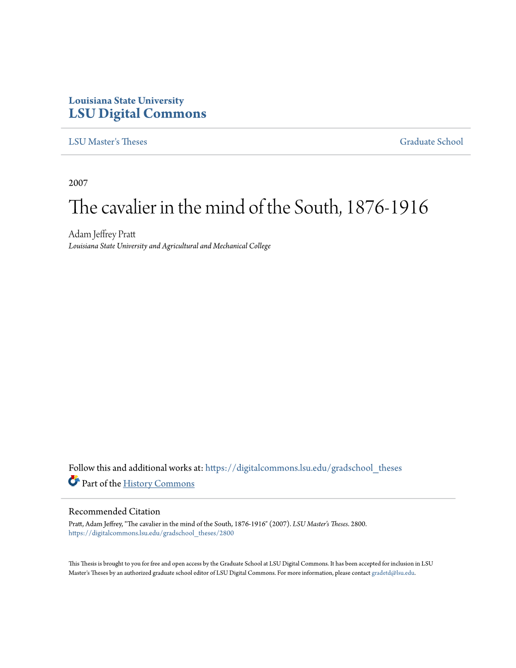 The Cavalier in the Mind of the South, 1876-1916