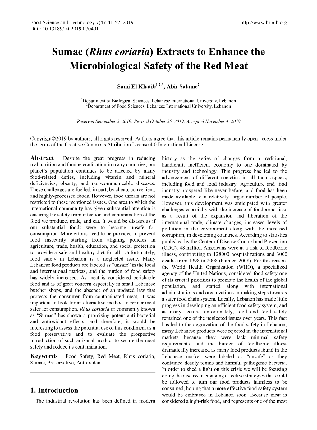 Sumac (Rhus Coriaria) Extracts to Enhance the Microbiological Safety of the Red Meat