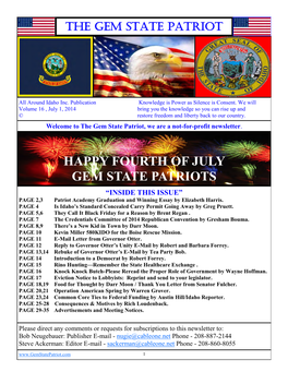 HAPPY FOURTH of JULY GEM STATE PATRIOTS “INSIDE THIS ISSUE” PAGE 2,3 Patriot Academy Graduation and Winning Essay by Elizabeth Harris