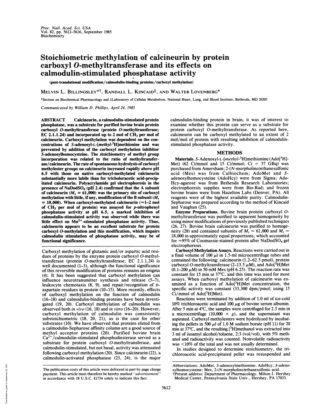 Stoichiometric Inethylation of Calcineurin by Protein Carboxyl O-Methyltransferase and Its Effects on Calmodulin-Stimulated Phos