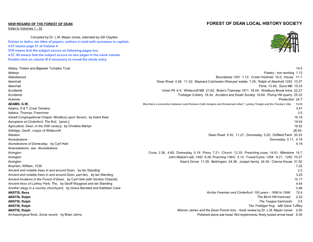 FOREST of DEAN LOCAL HISTORY SOCIETY Index to Volumes 1 - 32