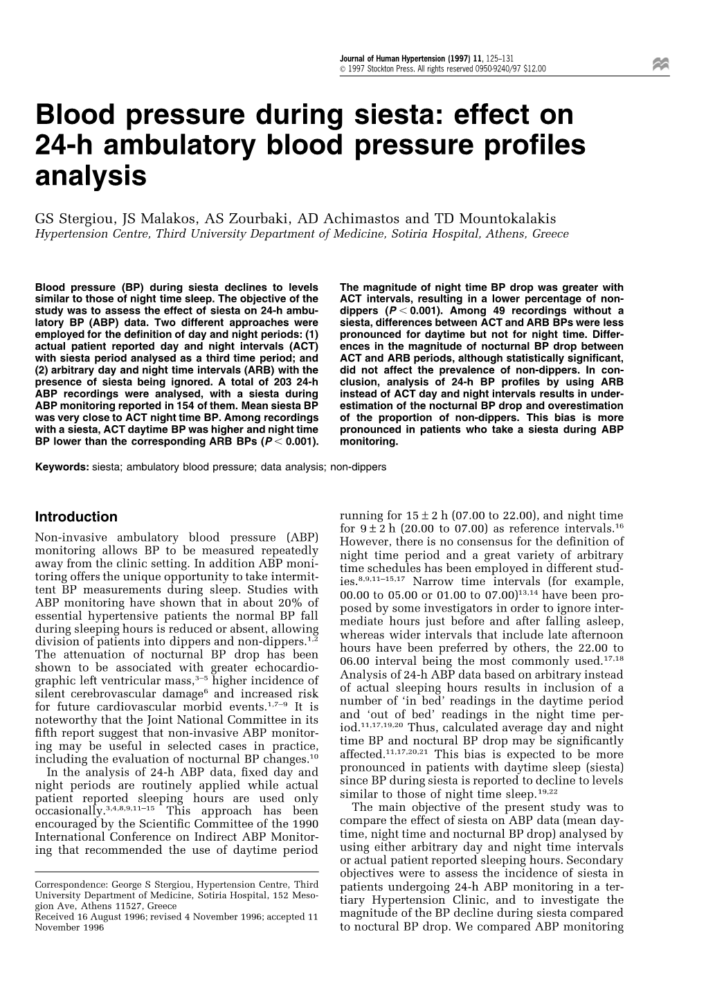 Blood Pressure During Siesta: Effect on 24-H Ambulatory Blood Pressure Proﬁles Analysis