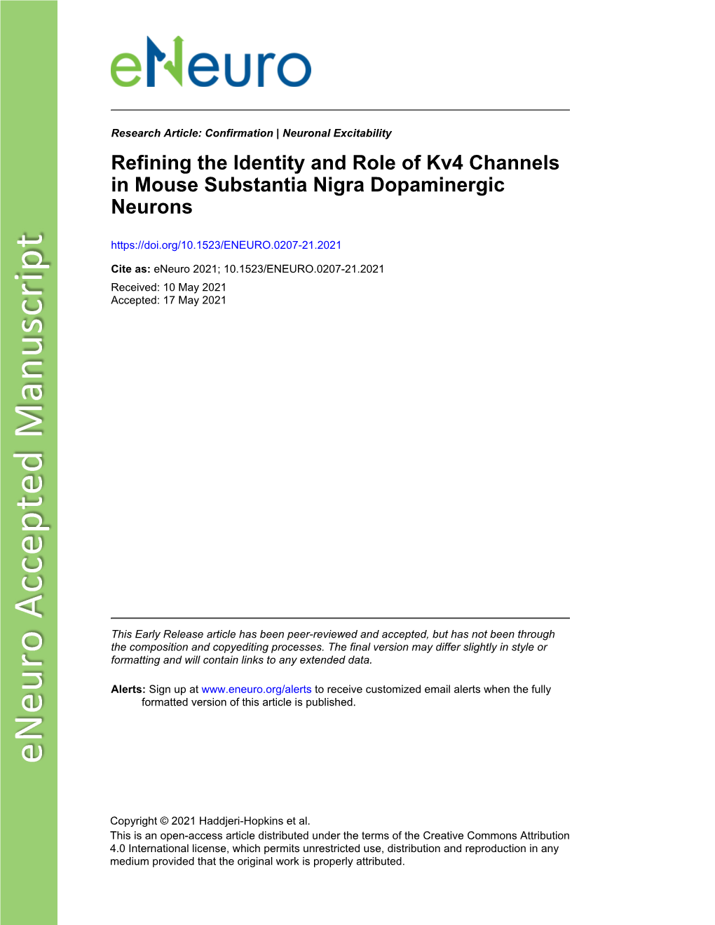 Refining the Identity and Role of Kv4 Channels in Mouse Substantia Nigra Dopaminergic Neurons