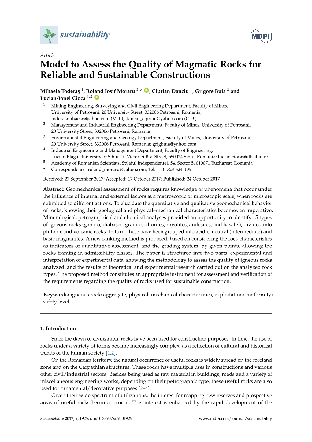 Model to Assess the Quality of Magmatic Rocks for Reliable and Sustainable Constructions