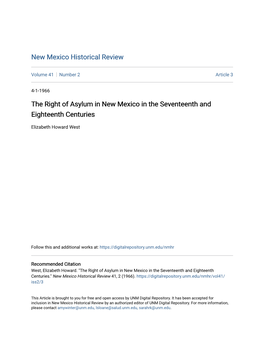 The Right of Asylum in New Mexico in the Seventeenth and Eighteenth Centuries