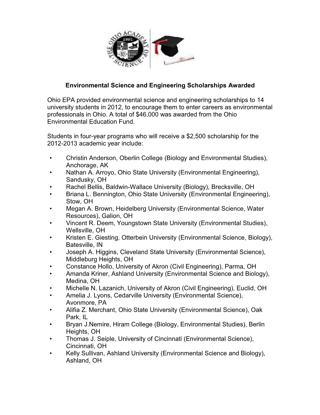 Environmental Science and Engineering Scholarships Awarded