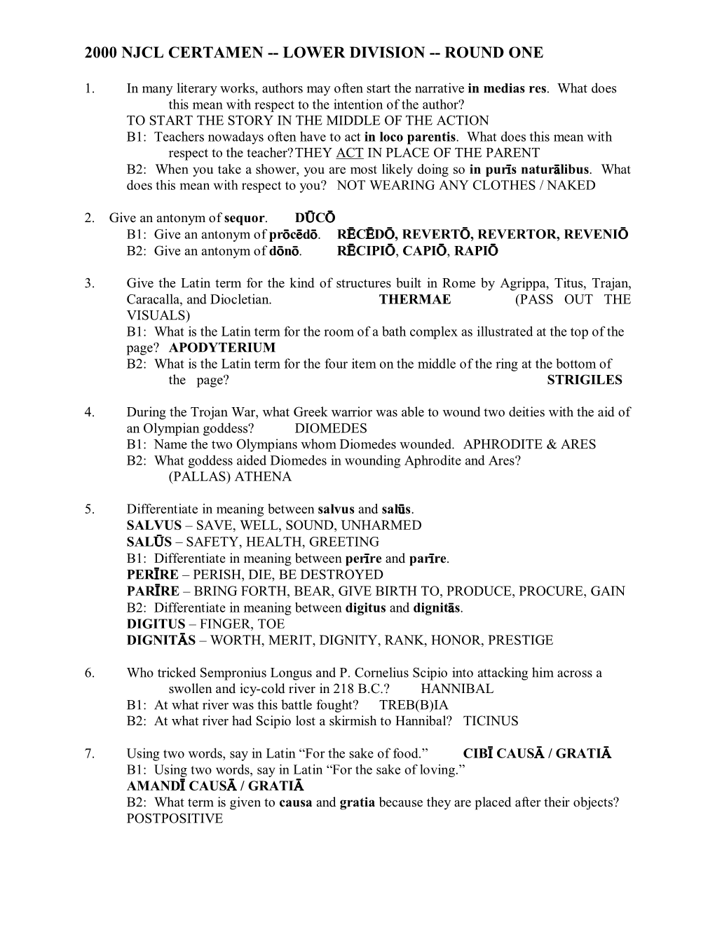 2000 Njcl Certamen -- Lower Division -- Round One