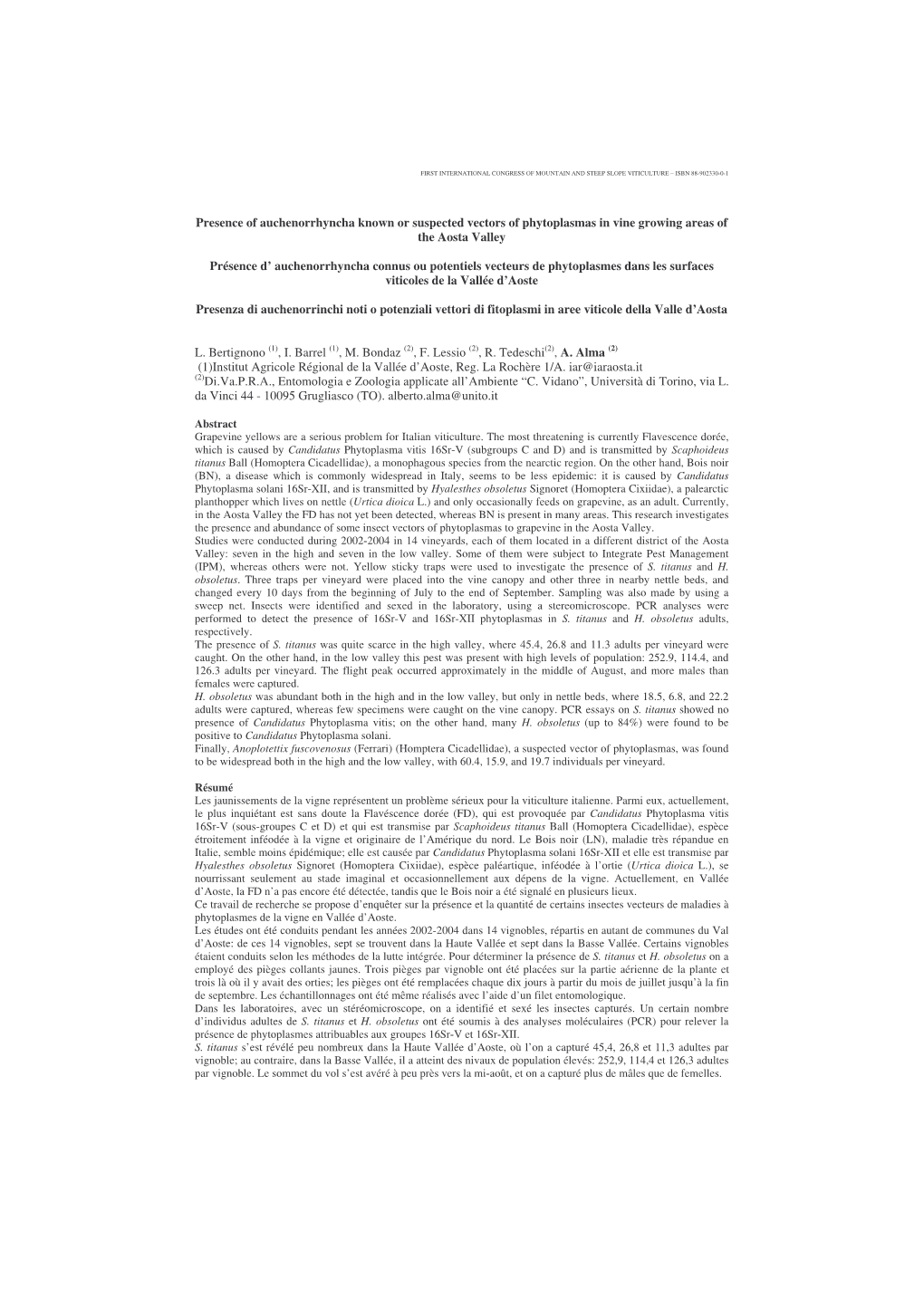 Presence of Auchenorrhyncha Known Or Suspected Vectors of Phytoplasmas in Vine Growing Areas of the Aosta Valley