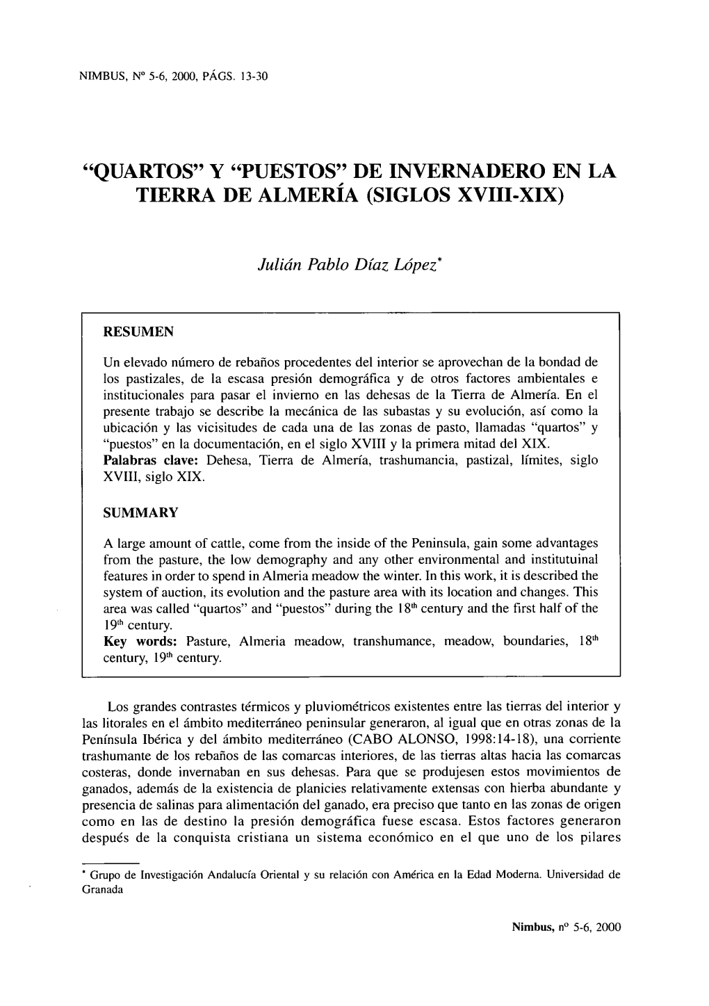 "Puestos" De Invernadero En La Tierra De Almería (Siglos Xviii-Xix)