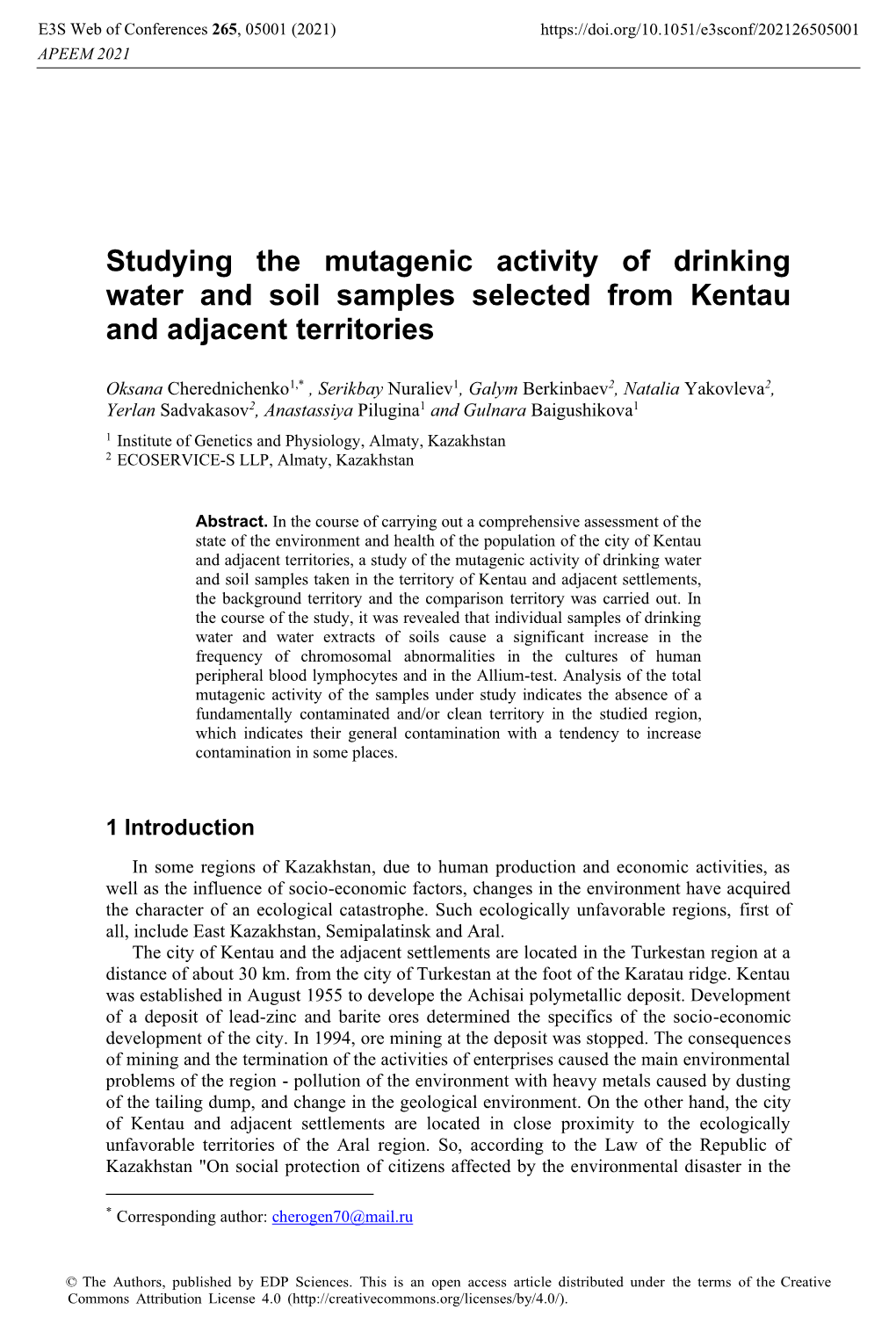 Studying the Mutagenic Activity of Drinking Water and Soil Samples Selected from Kentau and Adjacent Territories