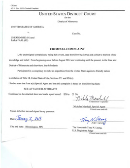Criminal Complaint UNITED STATES DISTRICT COURT for the District of Minnesota