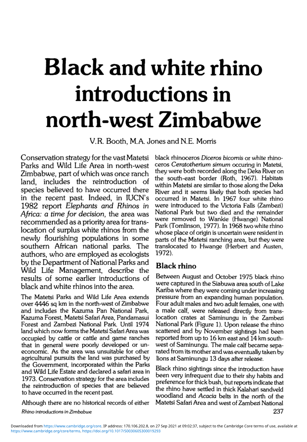 Black and White Rhino Introductions in North-West Zimbabwe V.R