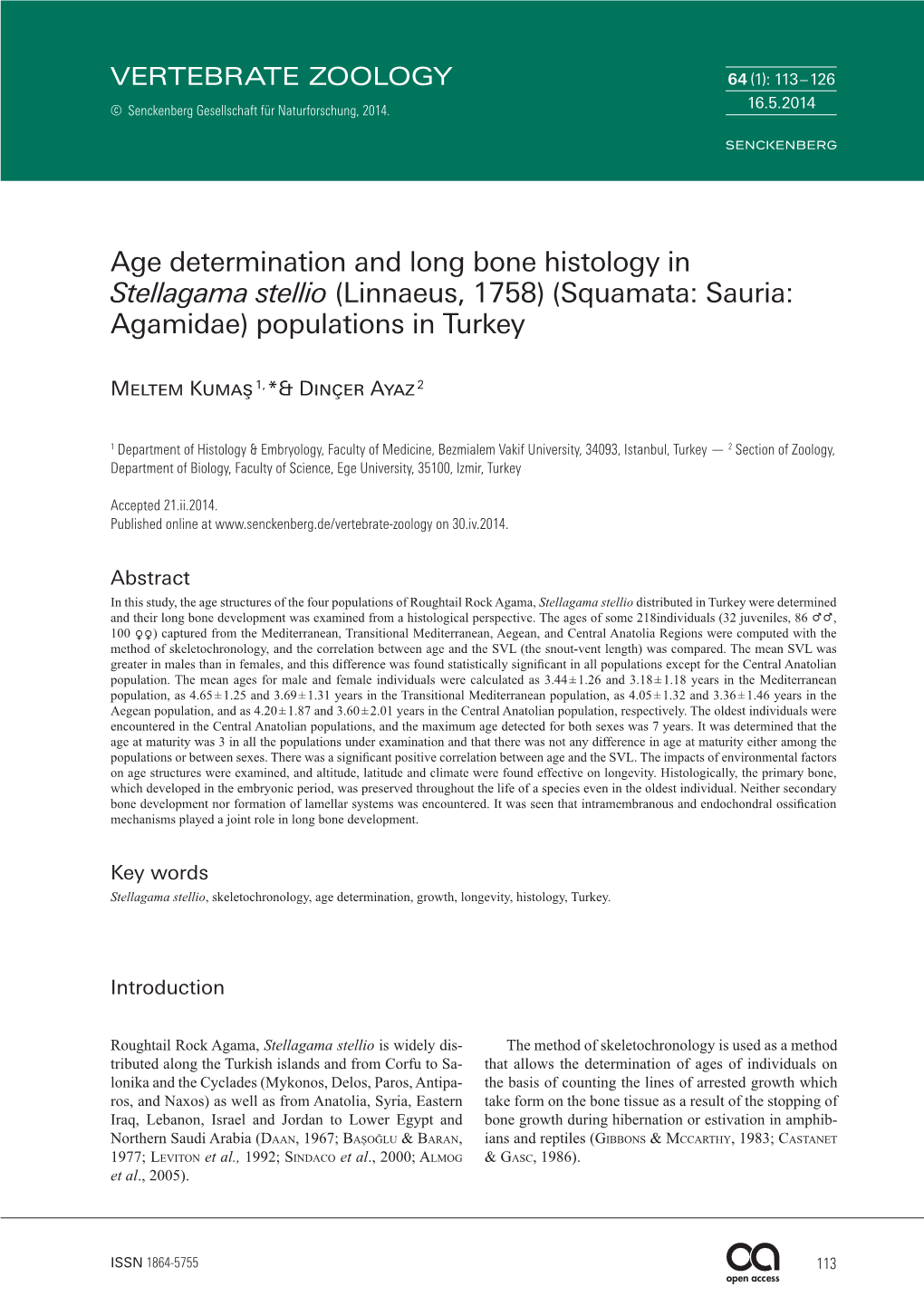 Age Determination and Long Bone Histology in Stellagama Stellio (Linnaeus, 1758) (Squamata: Sauria: Agamidae) Populations in Turkey