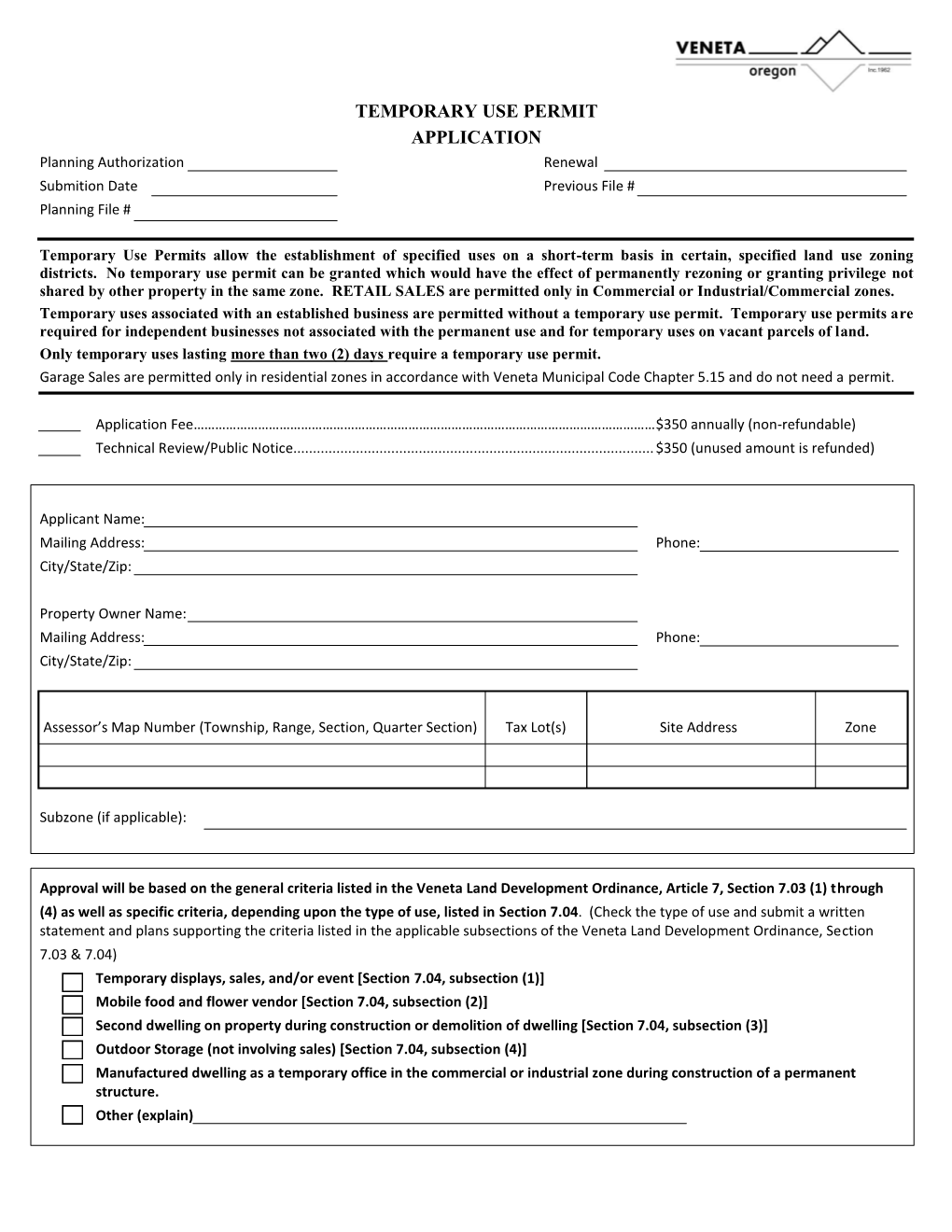 TEMPORARY USE PERMIT APPLICATION Planning Authorization Renewal Submition Date Previous File # Planning File