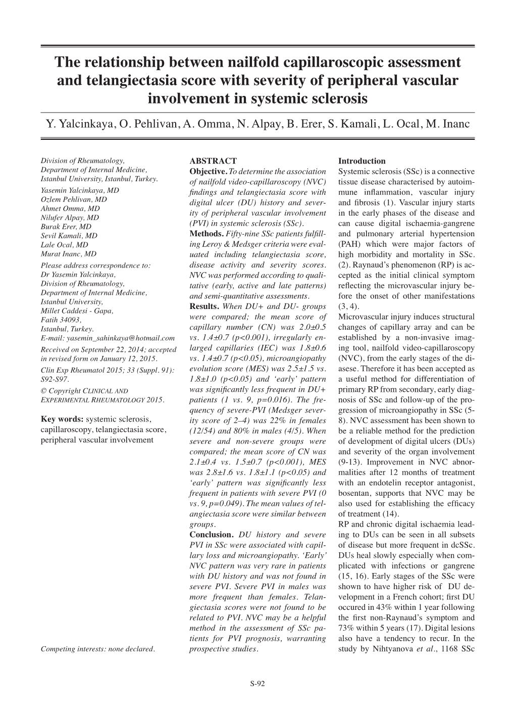 The Relationship Between Nailfold Capillaroscopic Assessment and Telangiectasia Score with Severity of Peripheral Vascular Involvement in Systemic Sclerosis Y