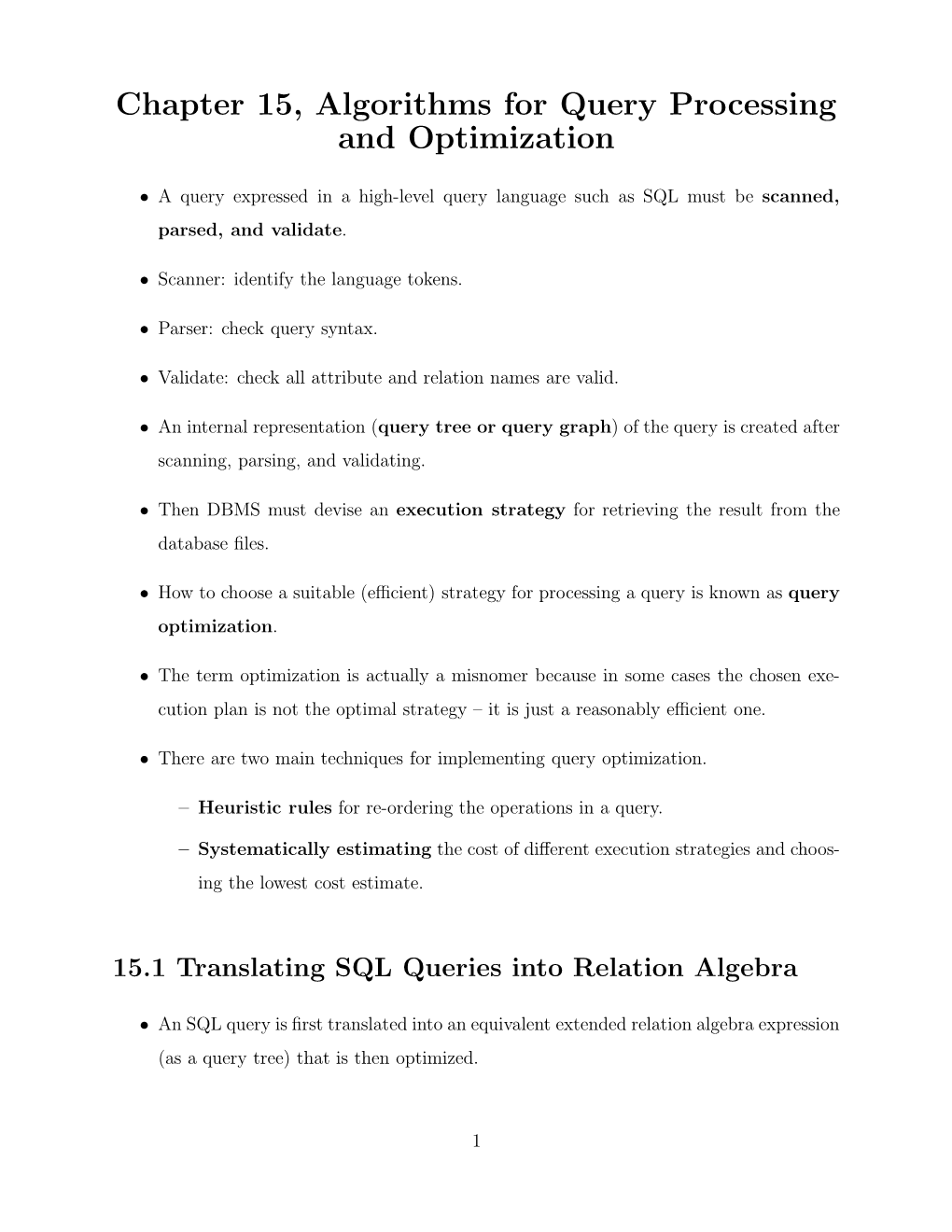 Chapter 15, Algorithms for Query Processing and Optimization
