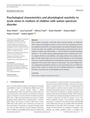 Psychological Characteristics and Physiological Reactivity to Acute Stress in Mothers of Children with Autism Spectrum Disorder