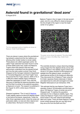 Asteroid Found in Gravitational 'Dead Zone' 12 August 2010