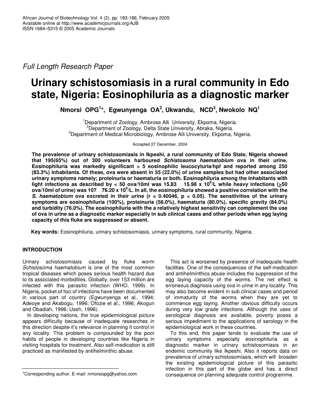 Urinary Schistosomiasis in a Rural Community in Edo State, Nigeria: Eosinophiluria As a Diagnostic Marker