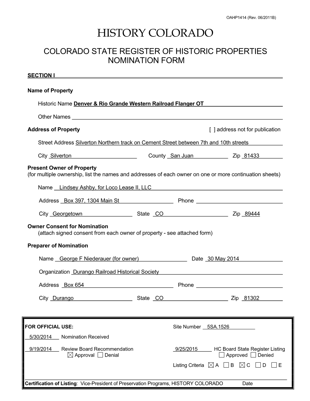 Denver & Rio Grande Western Flanger OT State Register Nomination, 5SA.1526
