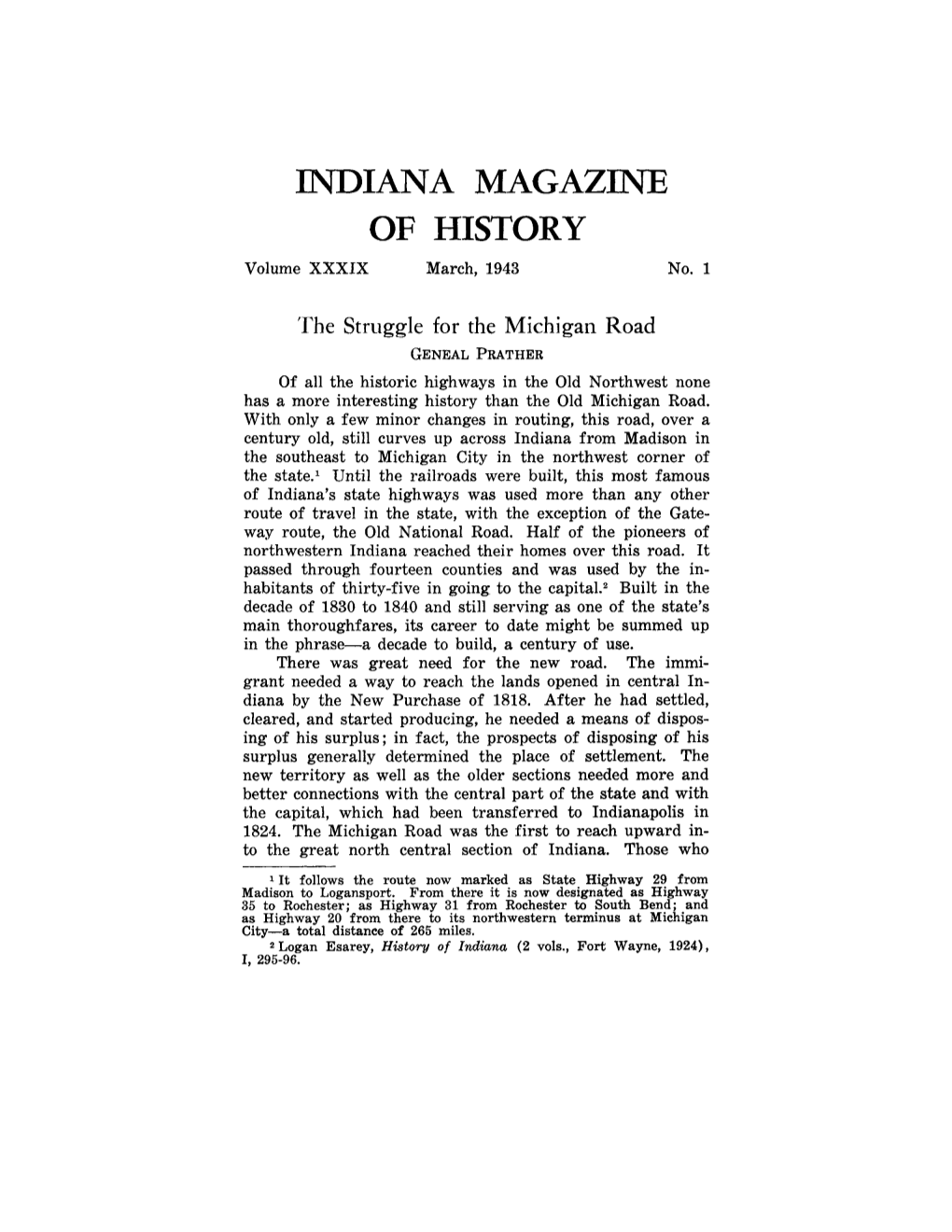 INDIANA MAGAZINE of HISTORY Volume XXXIX March, 1943 No