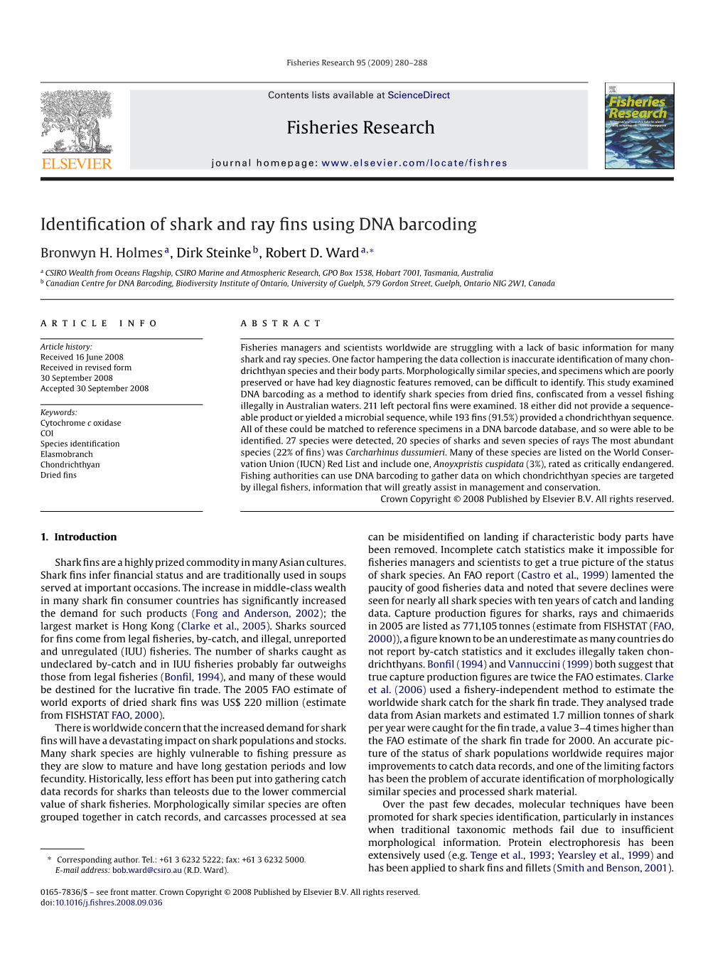 Fisheries Research Identification of Shark and Ray Fins Using DNA