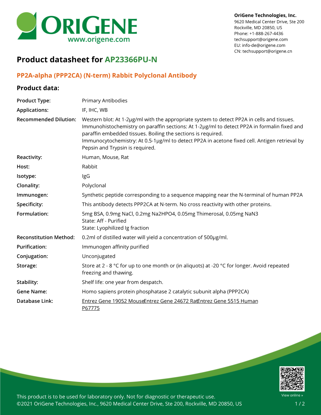 PP2A-Alpha (PPP2CA) (N-Term) Rabbit Polyclonal Antibody Product Data