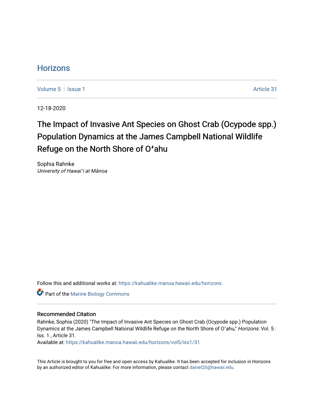 The Impact of Invasive Ant Species on Ghost Crab (Ocypode Spp.) Population Dynamics at the James Campbell National Wildlife Refuge on the North Shore of Oʻahu