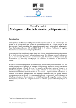 Note D'actualité Madagascar : Bilan De La Situation Politique Récente