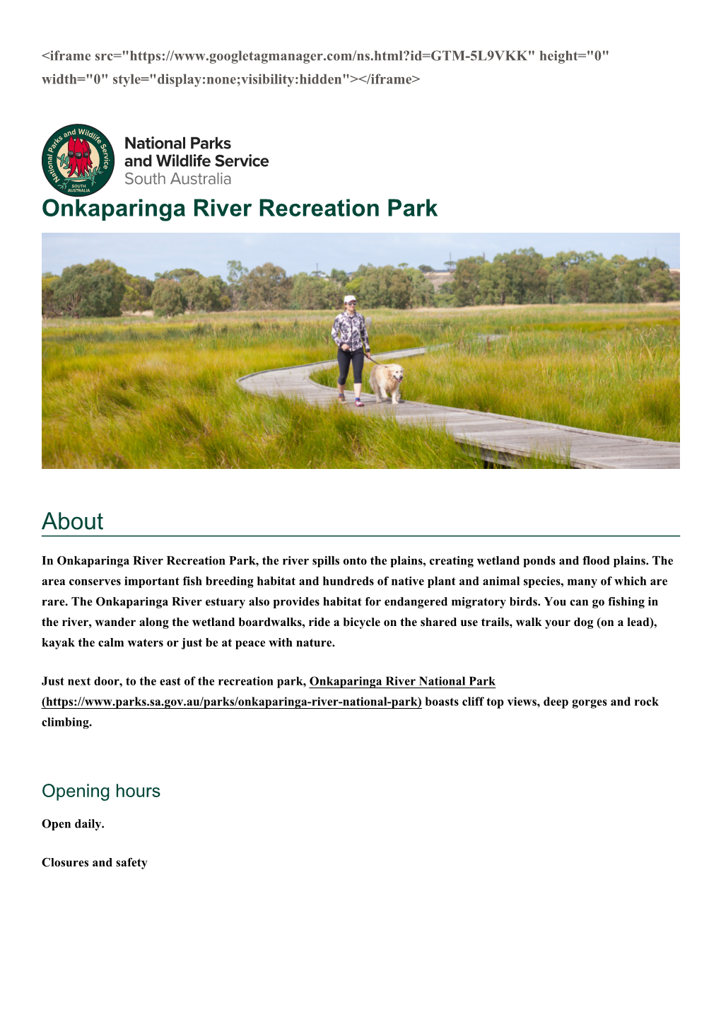 Onkaparinga River Recreation Park About