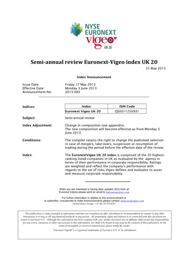 Semi-Annual Review Euronext-Vigeo Index UK 20 31 May 2013