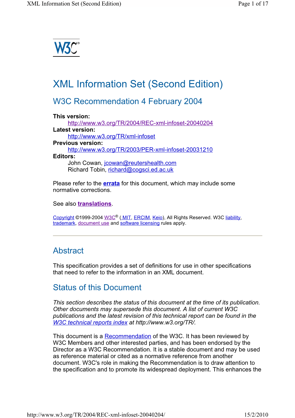XML Information Set (Second Edition) Page 1 of 17