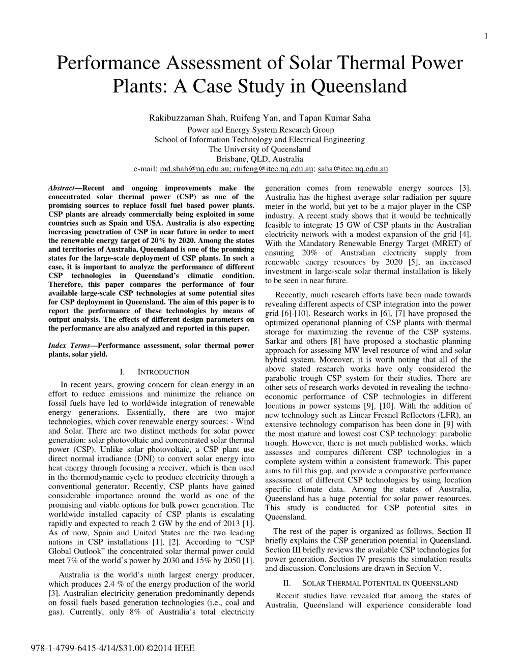 Performance Assessment of Solar Thermal Power Plants: a Case Study in Queensland