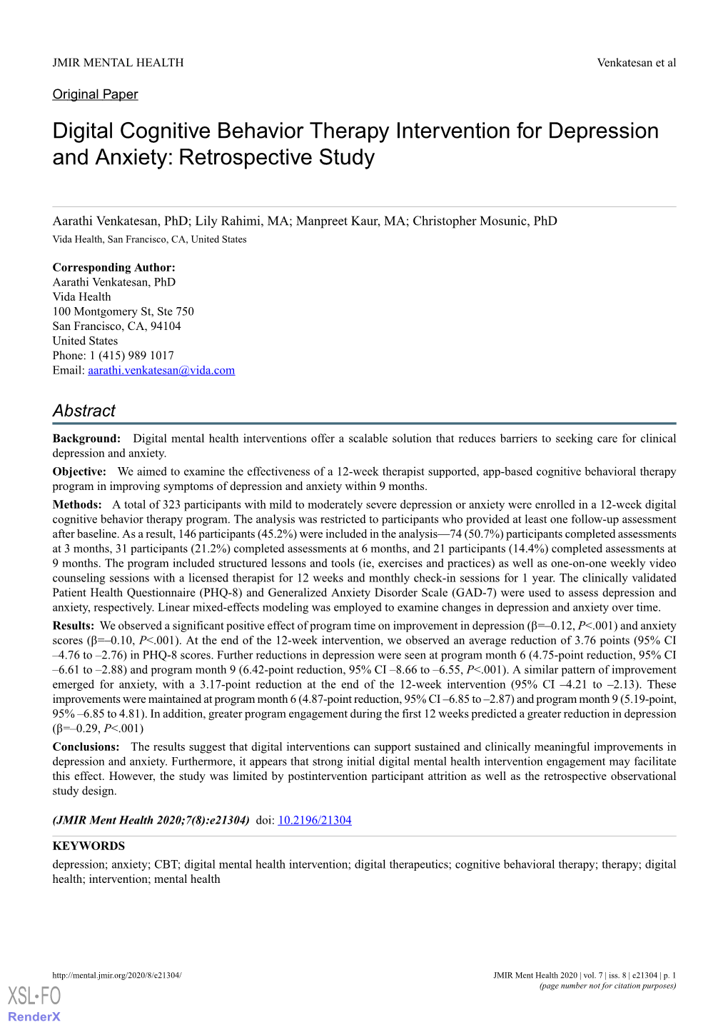 Digital Cognitive Behavior Therapy Intervention for Depression and Anxiety: Retrospective Study